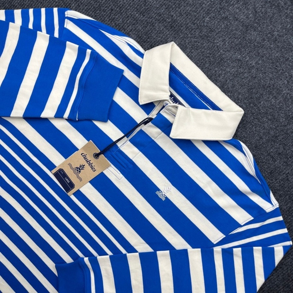 Chubbies The Slow Wave Rugby Shirt Blue White Striped Long Sleeve Polo Large